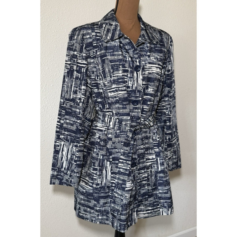 Coldwater Creek Trench Coat Blue/Cream Abstract Belted Mid Length Sz M (10-12) - Picture 3 of 16